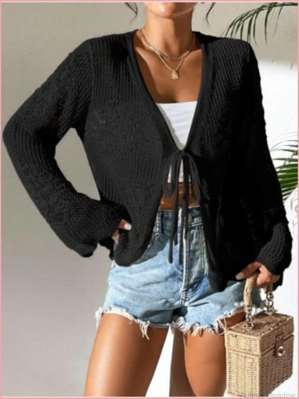 Lightweight Crochet Tie Front Cardigan Shrug Crop Top Knit Cover Up